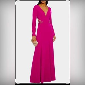 - Marchesa Notte Magenta Long Sleeve Crepe Open Back Embellished Gown Size…